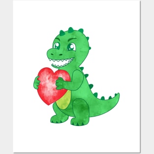 Watercolor Green Dinosaur Hold Heart Valentine Posters and Art